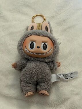 Cute Fuzzy Monster Keychain - Gray Plush Character